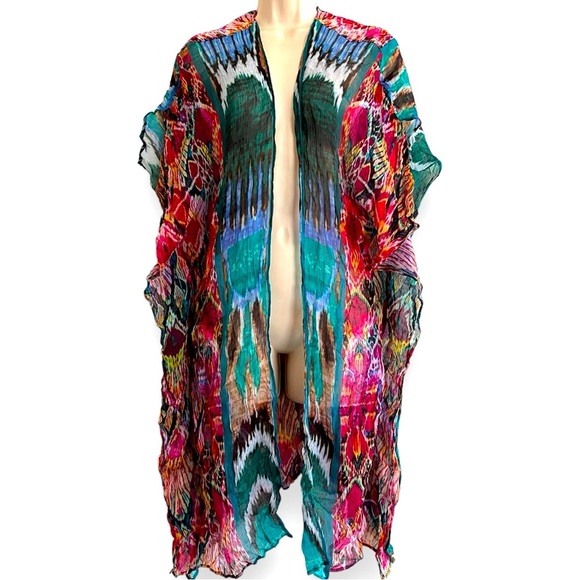 SOFT SURROUNDINGS Colorful Print Lightweight Crinkle Viscose Open Kimono Sz Med - Picture 1 of 6